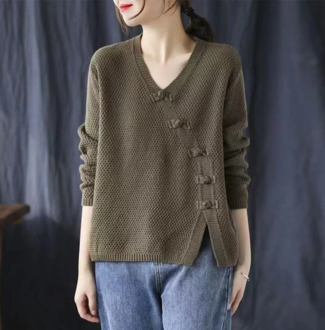 

Autumn Winter Literary Vintage Buttons V-neck Sweater Ladies Loose Casual Knitting Pullover Top Women All-match Jumper Outwear