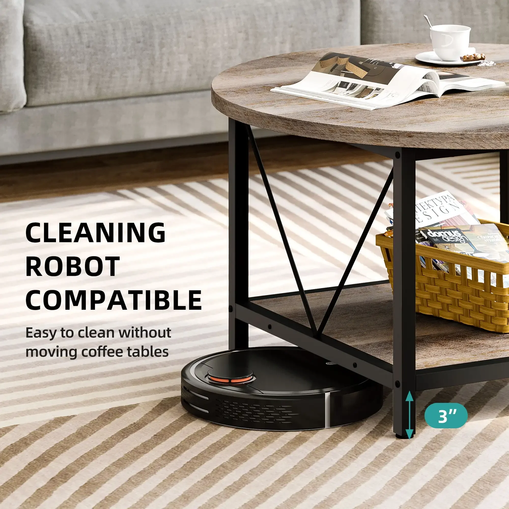 Round Coffee Table with Storage, Rustic Living Room Tables with Sturdy Metal Legs, OAK 4