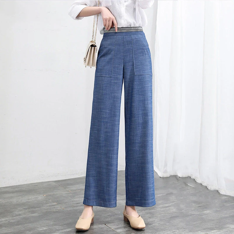 Ice Silk Jeans Women's New High Waist Slim Versatile Drape Loose Eight Points Wide Leg Pants Summer Thin Ninth Pants