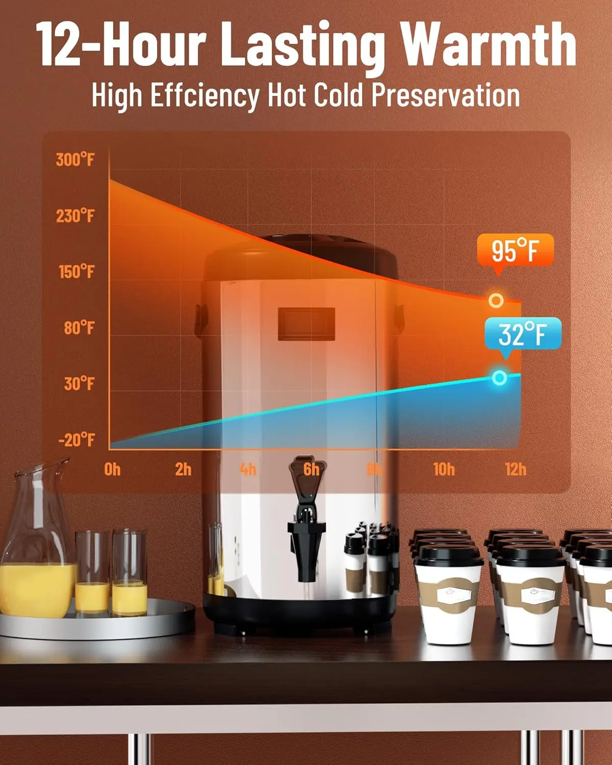 Insulated Beverage Dispenser-75 Cup Hot&Cold water Urn for Catering-Stainless Steel Premium 12 L/3.2 Gallon Hot Drink D 4