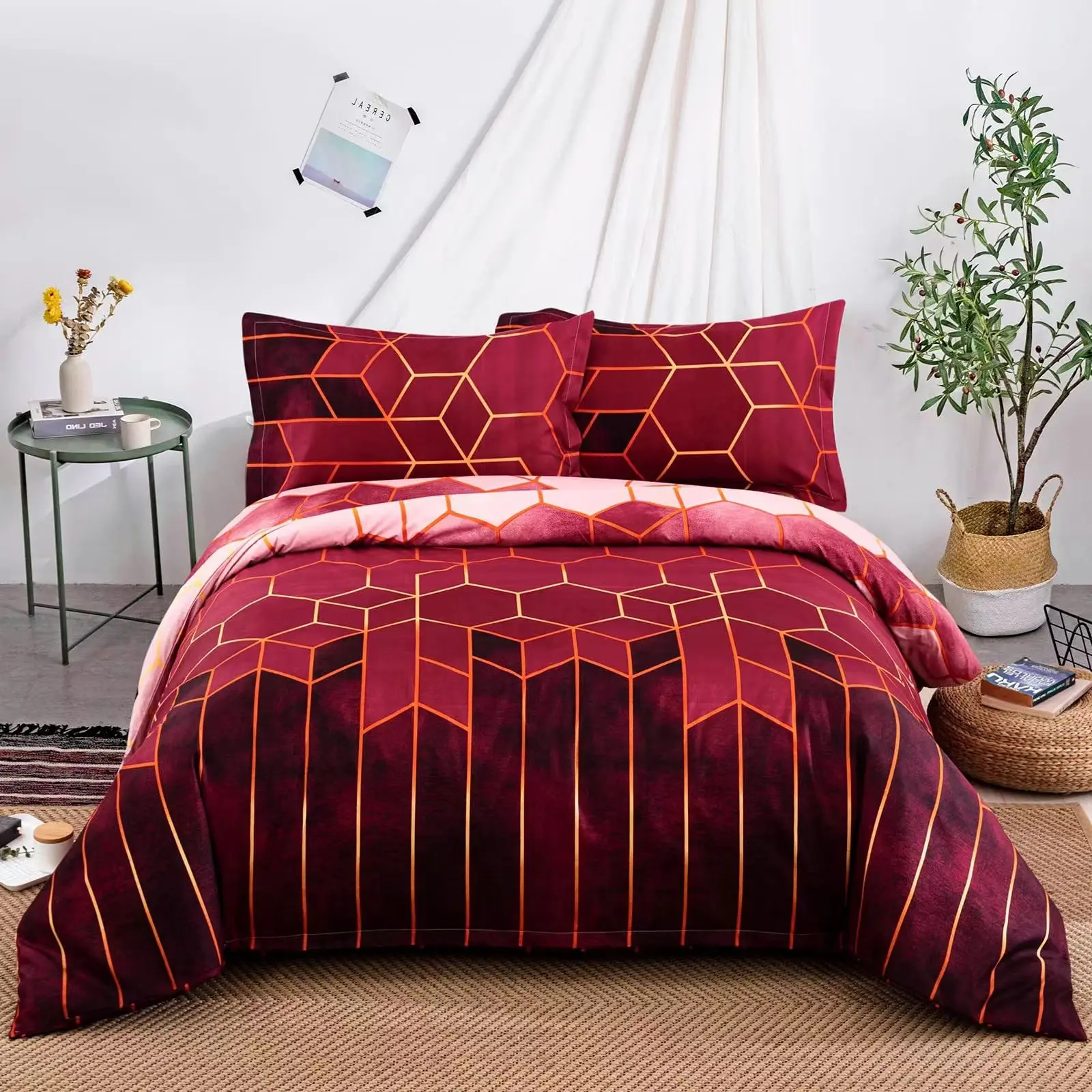 Set di biancheria da letto in stile bohémien, stile etnico a righe, stile boho, stile occidentale sud-occidentale, con motivo esotico, stile retrò, rosso, 3 pezzi, in morbida microfibra