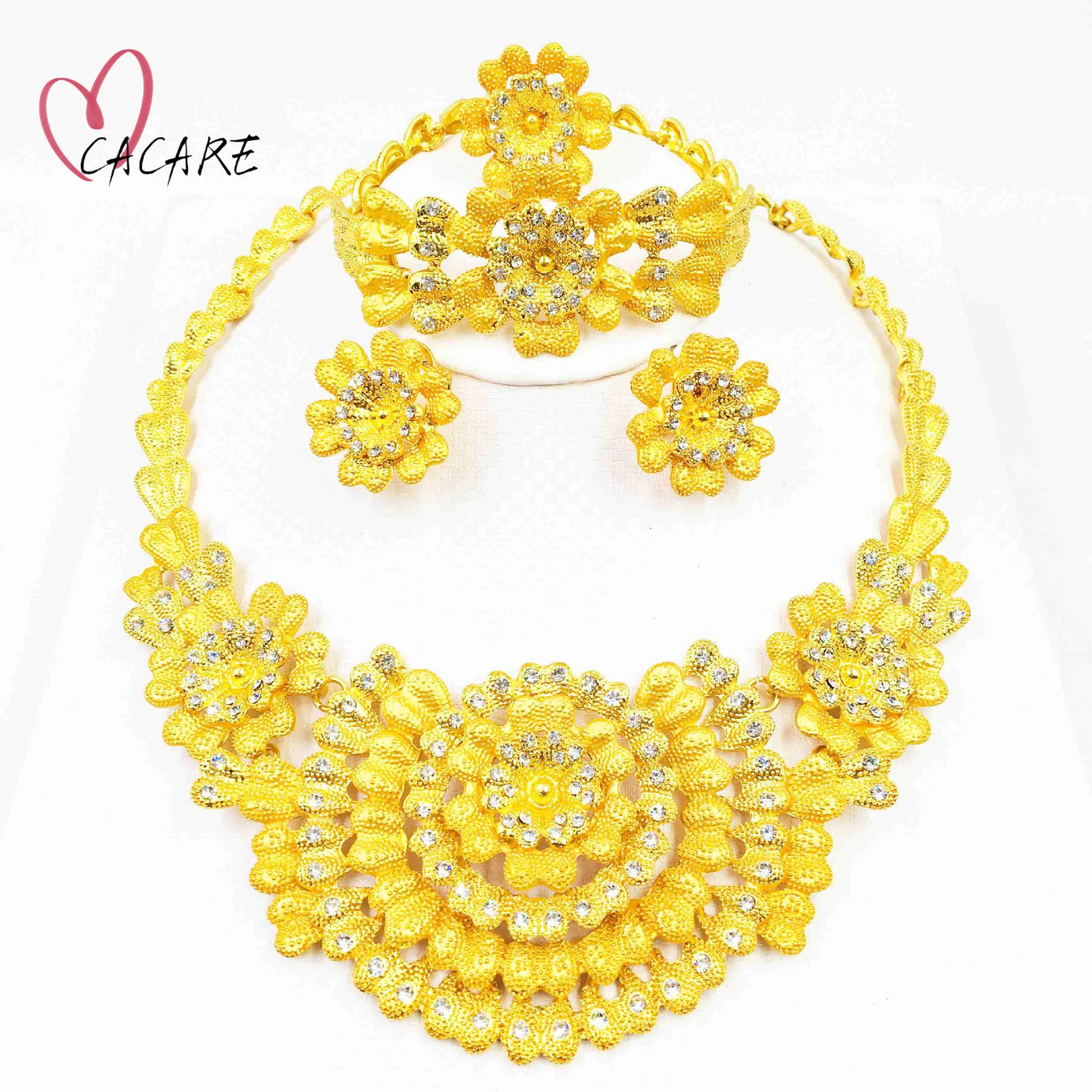 

Fine Jewelry Sets African for Women Gold Diamond Set Dubai Necklace Bracelet Earring Ring Suite 4 Pieces Middle East F1323