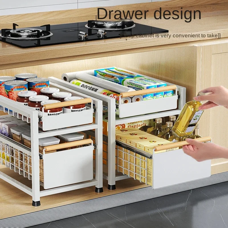 Pull-Out Layered Sink Rack Organizer Under Sink Storage with 1/2 Tier Basket Multi-Layer Cabinet Shelf Slide-Out Storage