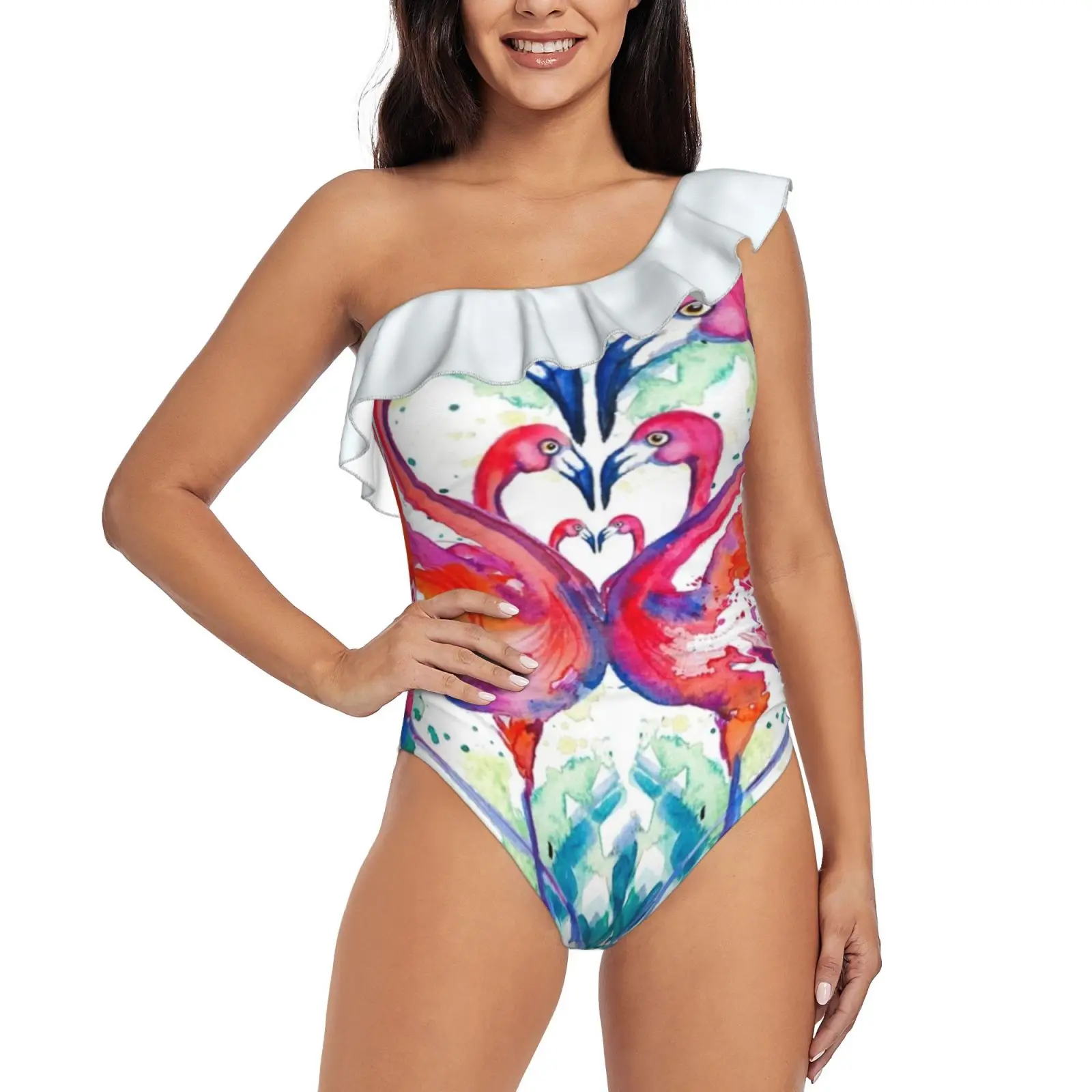 Costume Da Bagno Intero Con Volant Monospalla Fenicottero Tropingo Costume Da Bagno Intero Da Donna Costumi Da Bagno Da Spiaggia Abbigliamento Da Bagn