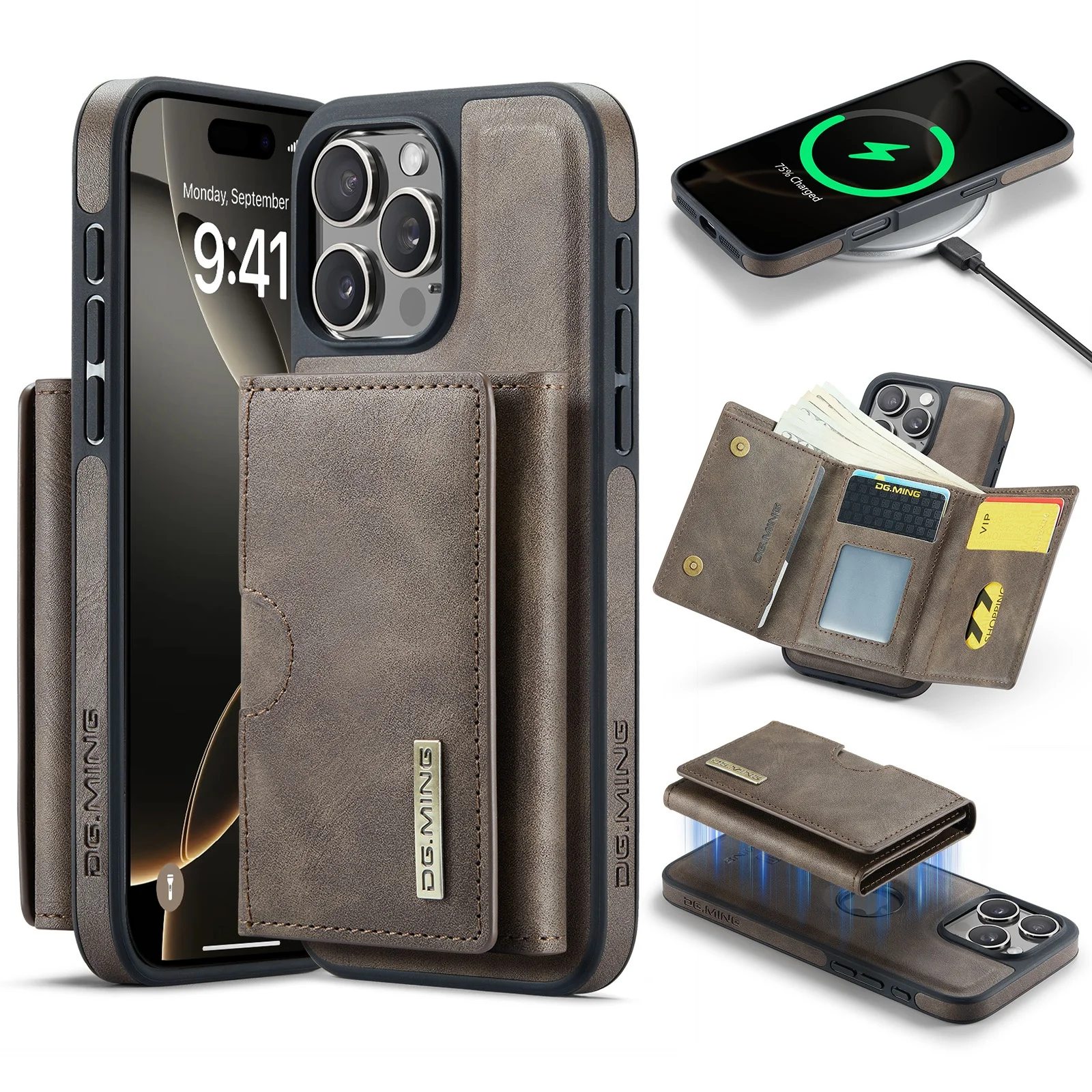Magnetic Leather Detachable Wallet Phone Case with Wireless Charging and Card Slots