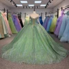 Green Quinceanera Dresses Organza Long Sleeves Flowers Evening Dresses Pearls Lace Vestidos De Fiesta Customized 1320 2