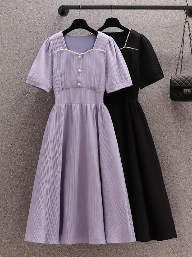 

Women 2024 Summer New French Square Neck Loose Dress Female Solid Color Long Dresses Ladies Short Sleeve A-line Vestidos M83