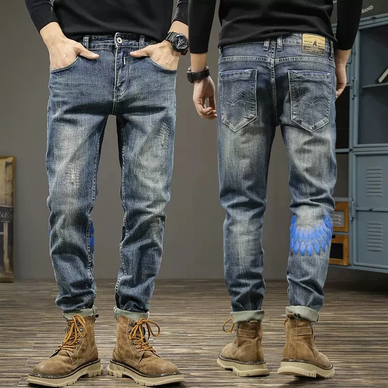 Fashion Designer Men Jeans High Quality Retro Blue Elastic Slim Fit