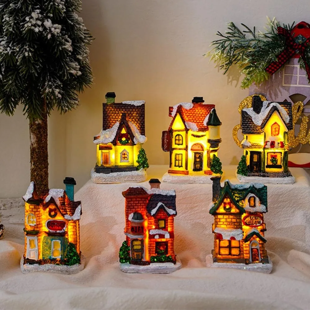 Christmas LED Light Ornaments Resin Mini House Miniature Village Building Xmas Glow Decor Gift Christmas Decoration Navidad Noel