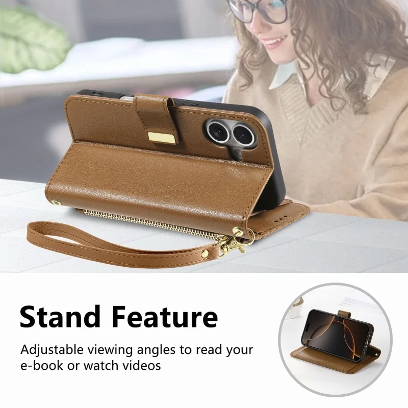 Magnetic Leather Zip Wallet Phone Case with Lanyard