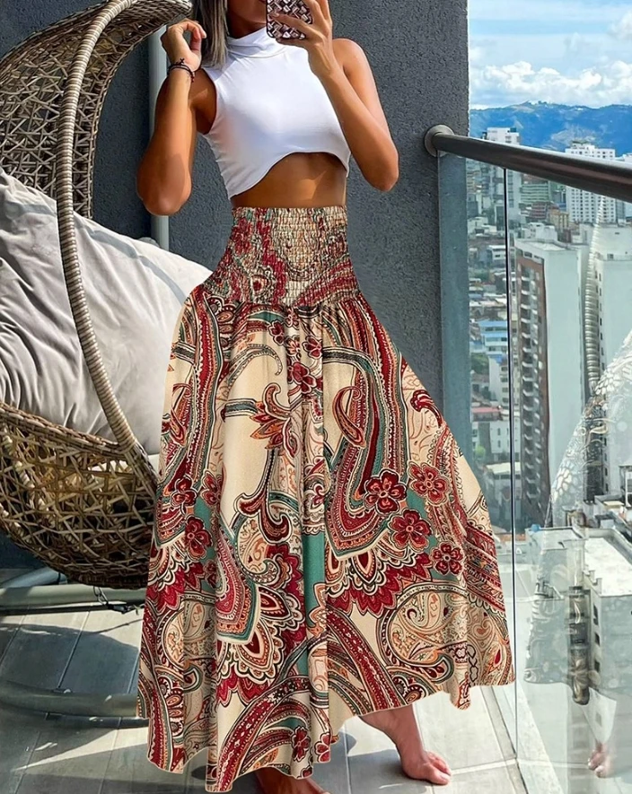 New Series 2024 Summer Women's Wear Floral Print High Waist Shirred Wide Leg Pants
