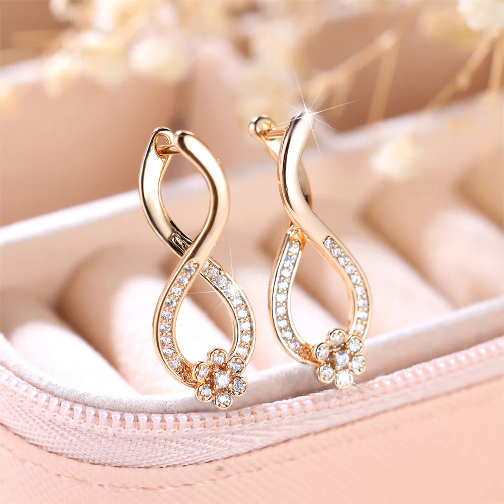 White Zircon Cute Flower Infinity Hoop Earrings For Women Vintage Gold Color Ear Buckle Wedding Jewelry Engagement Party Gifts