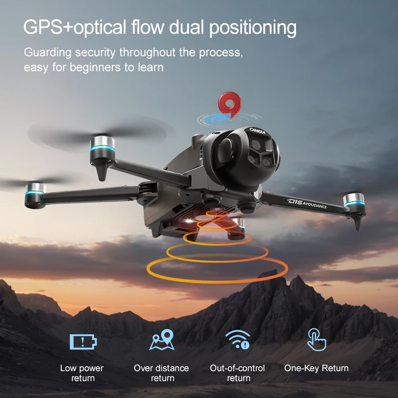D15 드론 4K HD 트리플 카메라 FPV 브러시리스 모터 WiFi FPV 360도 항공 촬영 ° 장애물 회피 RC 쿼드콥터 전문 에어드롭 장난감
