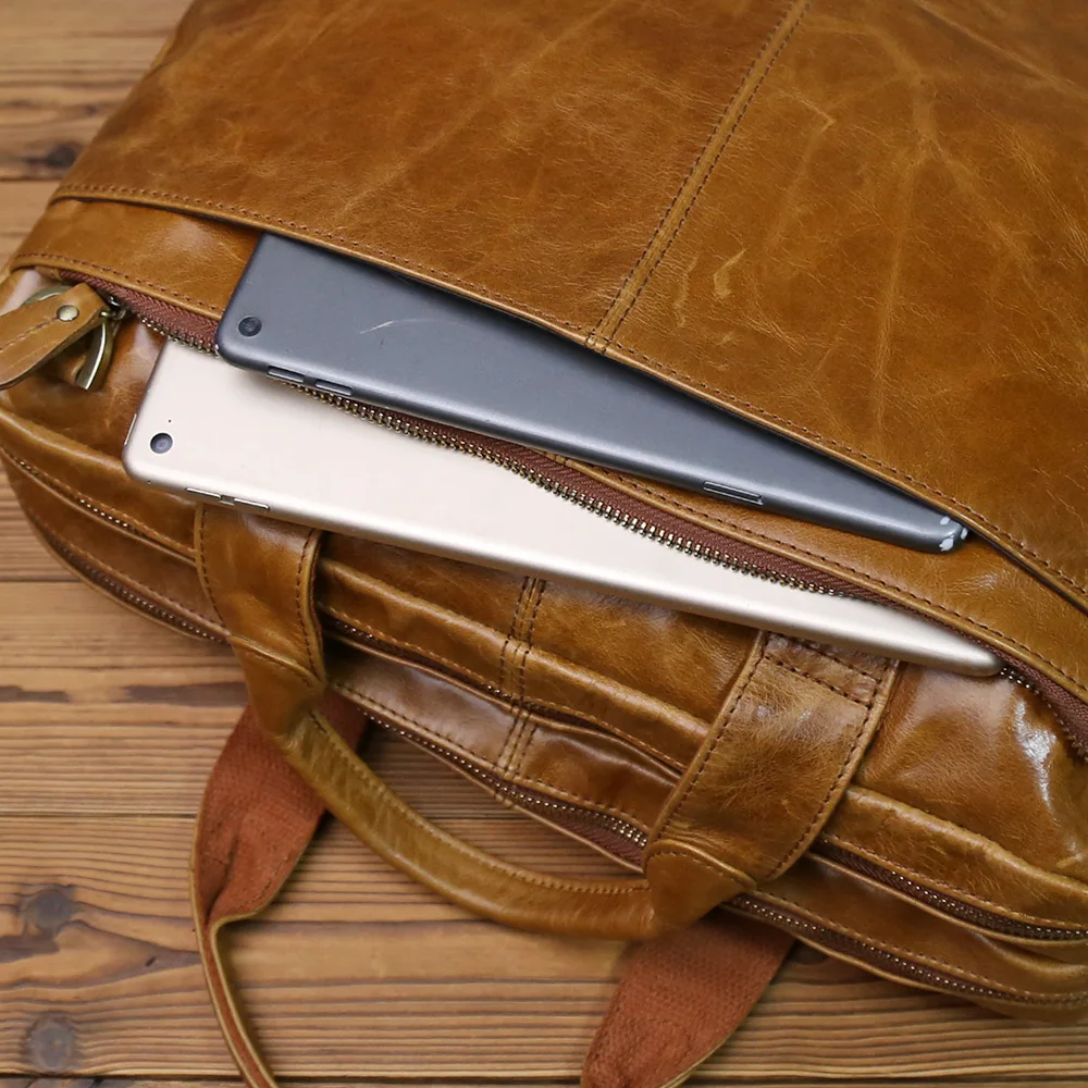 NZPJ Men's Retro Genuine Leather Briefcase Top Layer Cowhide Handbag  Large Capacity Crossbody  Bag  For 15-Inch Laptop