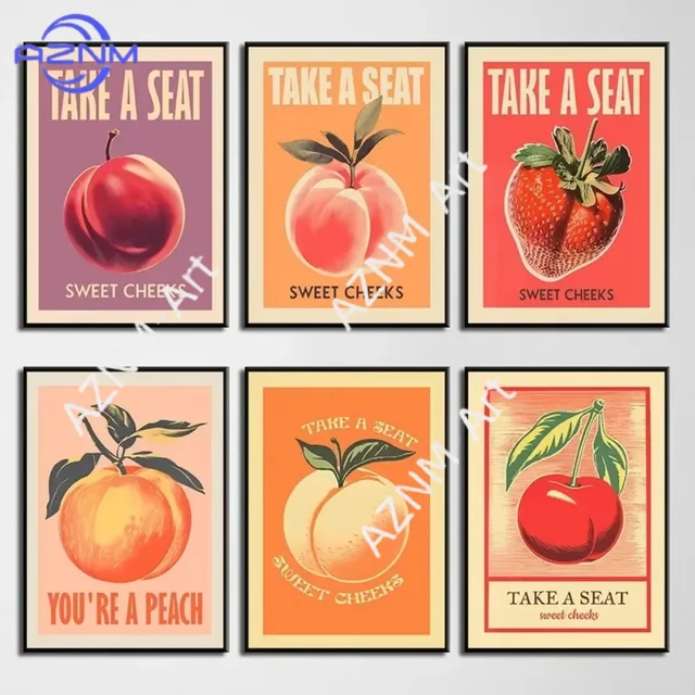 โปสเตอร์ตกแต่งผนังห้องน้ำลายผลไม้สตรอว์เบอร์รี่และพีช 1/6 ชิ้น ลาย "Take A Seat Sweet Cheeks" สไตล์เรโทร ตกแต่งบ้าน ห้องน้ำ ภาพพิมพ์ตลกๆ 1