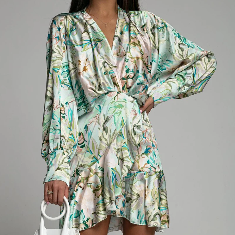 

Sexy V-neck High Waist Pleated Satin Dress Women Spring Floral Print A-Line Party Dress New Autumn Long Sleeve Office Mini Dress