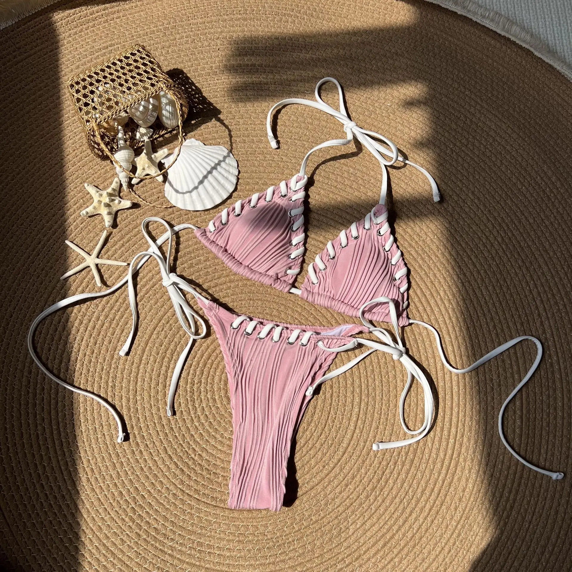 Sexy Micro Bikini Women Black Blue Metal Chain Strap Push Up Metallic Thong Swimsuit 2024 Bathing Suit Ring Linked Mini Swimwear
