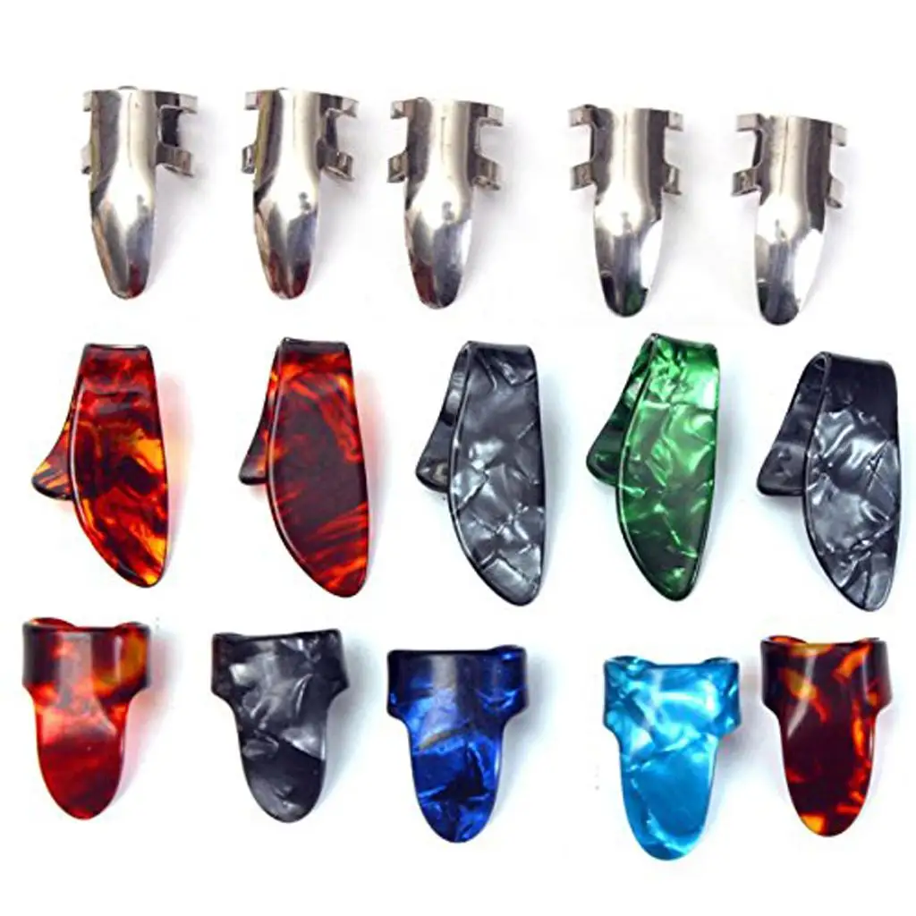5 Thumb And 10 Finger Stainless Steel Celluloid Plectrums Guitar Picks Set