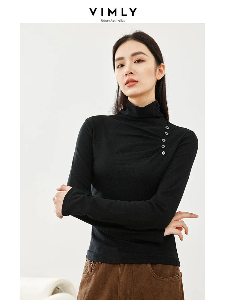 

Vimly Black Turtleneck T-shirt for Women 2023 Winter Folds Long Sleeve Top Casual Pullovers High Strecth Slim Basic Tshirt 30038