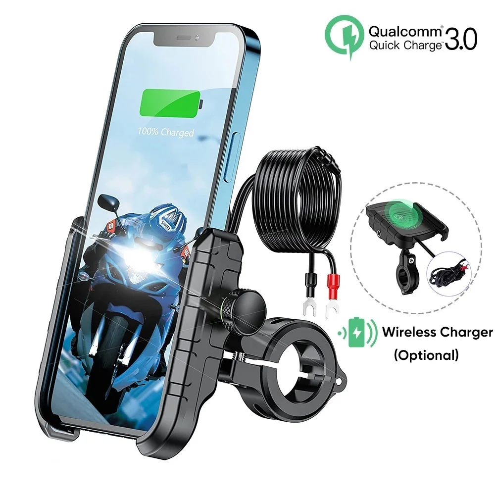 Universal Motorcycle Phone Holder with Quick USB and Wireless Charging, Mirror Stand and Handlebar Mount