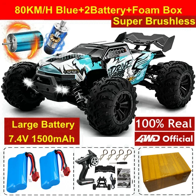 4WD RC Car 4x4 Off Road Drift Racing Cars 50/ 80KM/h Super Brushless High Speed Waterproof Truck Remote Control Toy Kids Adults - 80KM Blue 2Battery