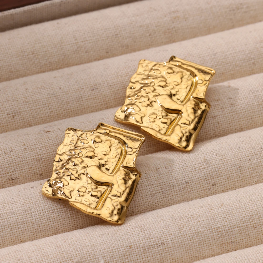 Stainless Steel Irregular Square Texture Stud Earrings for Women