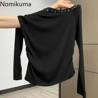 T-shirt noir pour femmes, vêtements à épaules dénudées, tunique à rivets, col Slash, Y2k, hauts coréens, Chic et Sexy, 2025 3