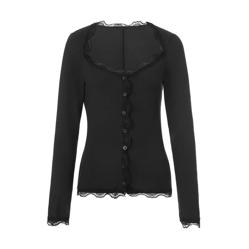 Coquette Shirt y2k Clothes Women Solid Color Lace Trim Single Breasted Long Sleeve Blouse Fairycore Clothing Streetwear