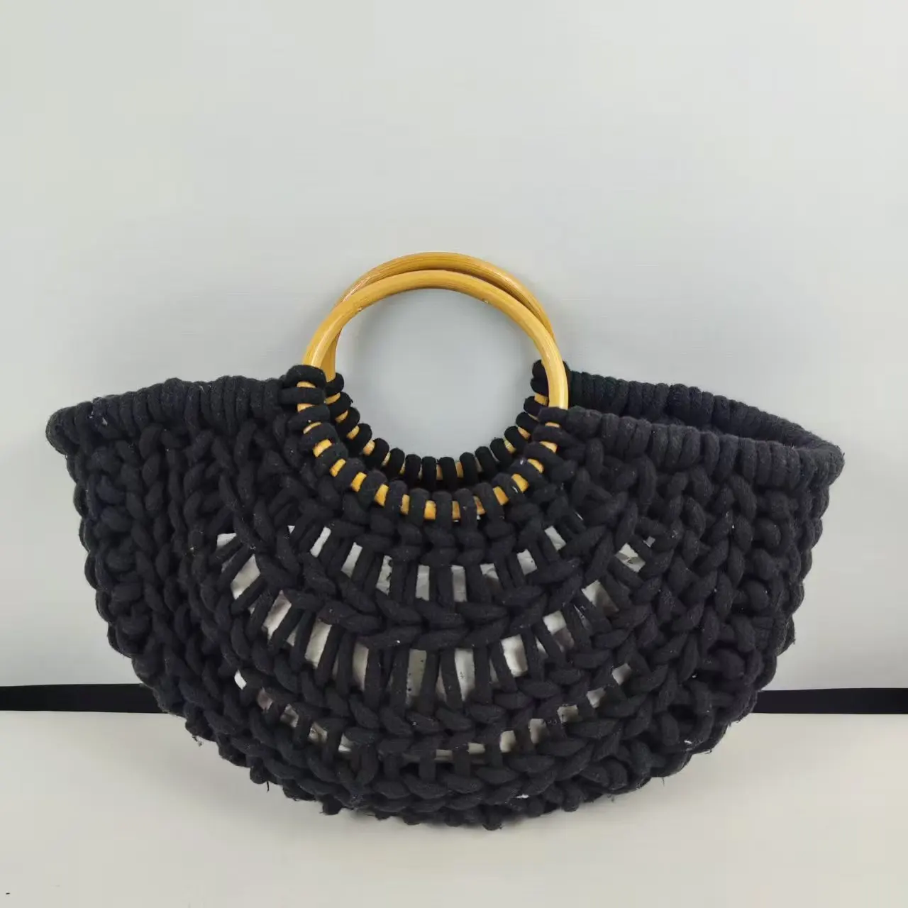 Cotton thread rope wood Bag Women Hand-Woven Handbag Moon Shape Rattan Bag Drawstring Casual Beach Shoulder Crossbody Bag