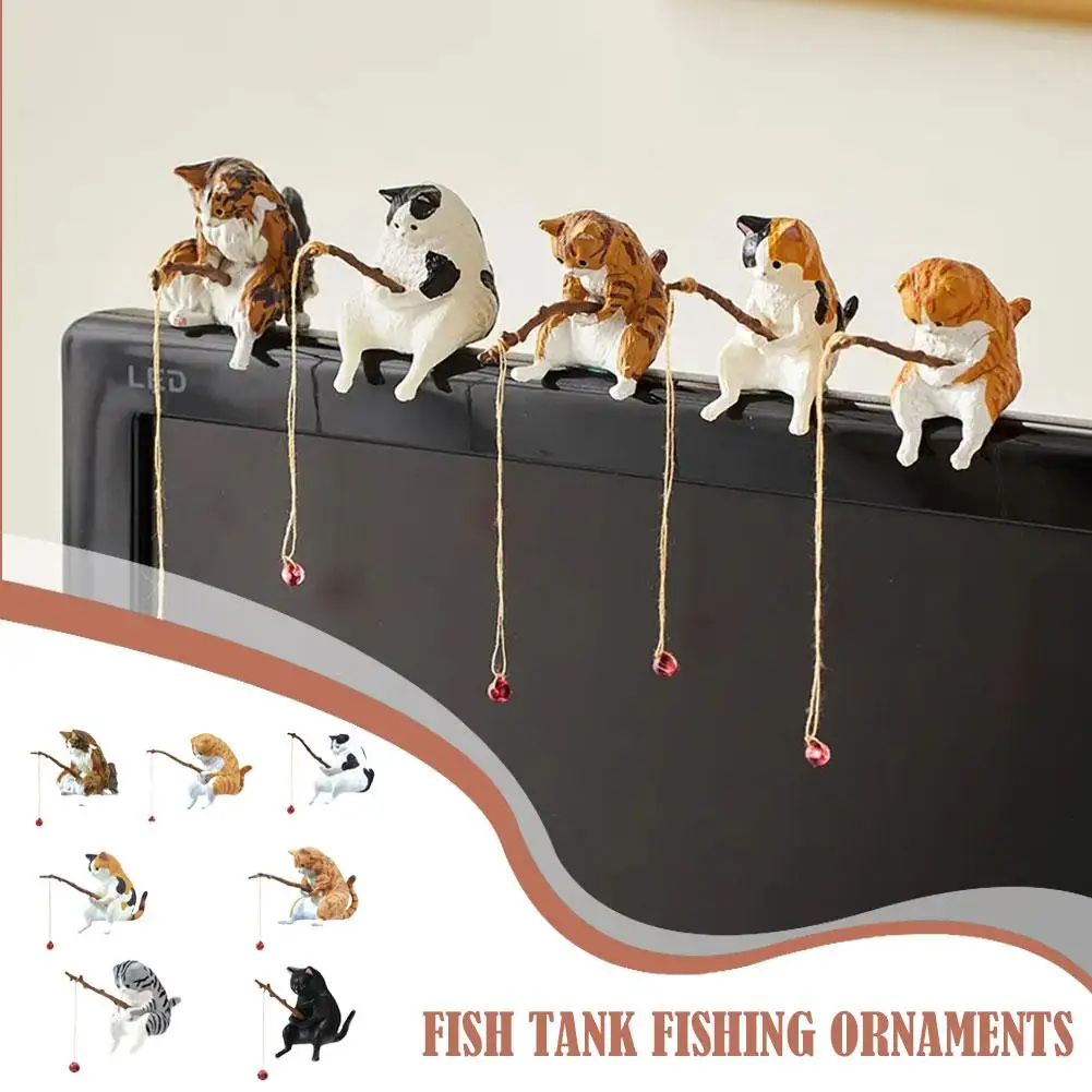 Title 3, 7pcs/set Resin Cat Fishing Figurines Cute Aquar...
