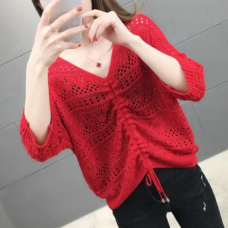 

Openwork Drawstring Tie-up Knit Women Spring Summer 2023 New Loose Pullover Cropped Sleeve Pullover Sweater Sweater Outer