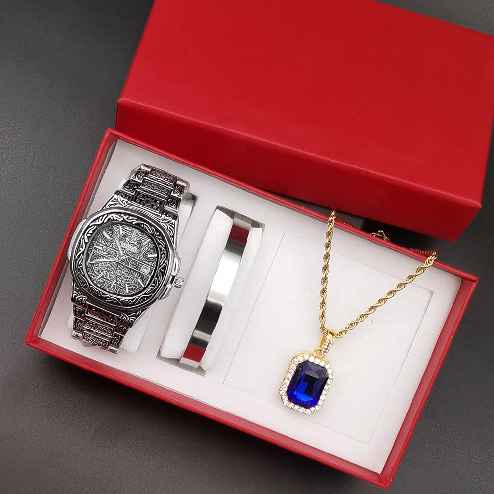 3Pcs Men's Retro Steel Calendar Business Watch for Men Luxury Top Brand Watches Reloj Hombre Men Bracelet Necklace Set With Box