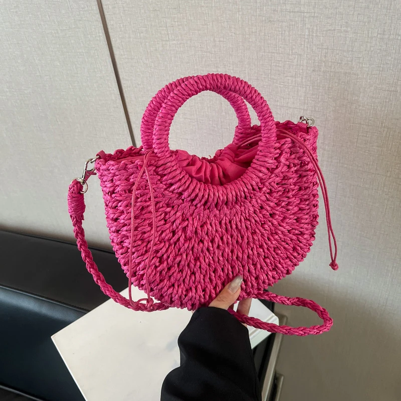 Handwoven Straw Rattan Half-Moon Beach Handbag Large Capacity Women Summer Hollow Out Crossbody Shoulder Bag