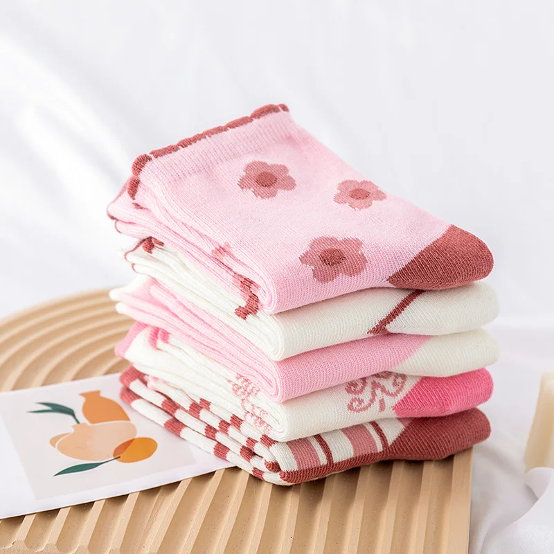 Childrens Socks 5 Pairs Pink Flower Knit