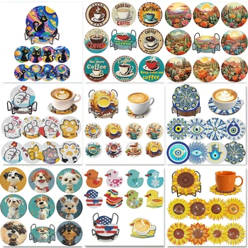 8 pieces of diamond art painting coasters with brackets, DIY lotus pattern series diamond art coasters, suitable for adults and