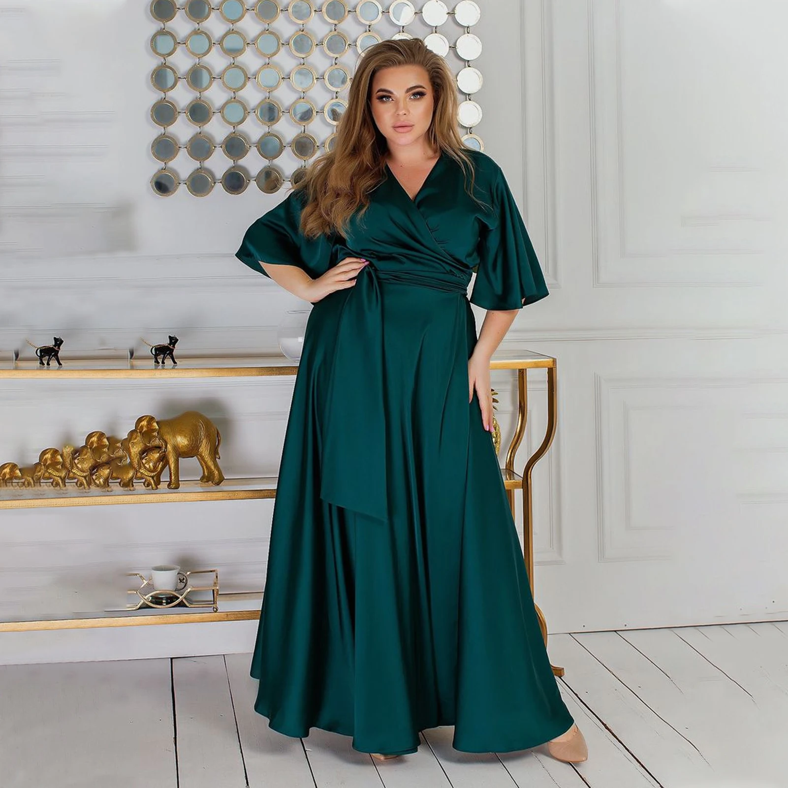 

A-Line Half-Sleeve Bridesmaids Dresses Plus Size Women Simple V-Neck Floor Length Wedding Party Gown Satin Vestidos Para Boda