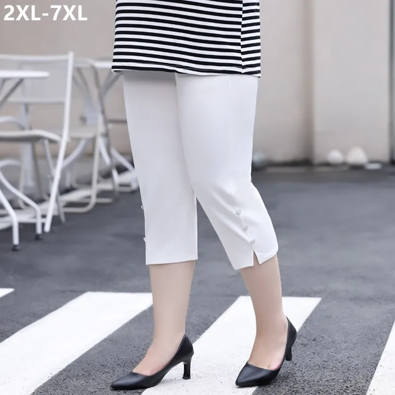 559932-84b954.jpg Off White Shorts Capris Woman 100KG High Waisted Stretched Knee Length 6XL 7XL Plus size Office Lady Slim Fit Cropped Trousers - Image 1
