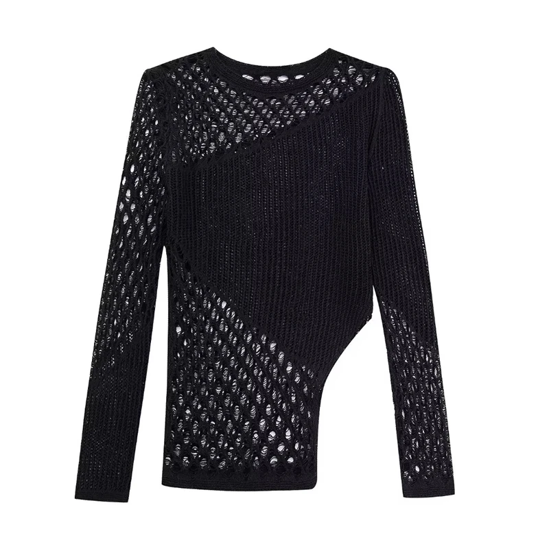 

Asymmetric Black Knit Top for Women, Round Neck, Long Sleeves, Slim, Hollow, Comfortable, New, Autumn, 2023
