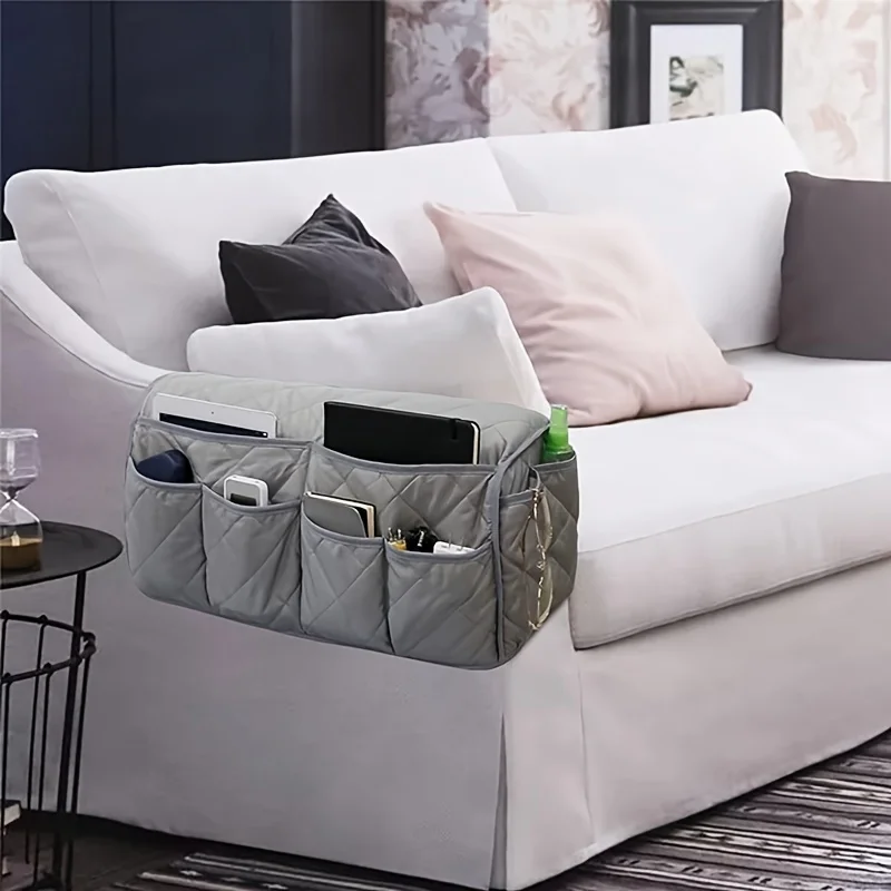 Sofa Armrest Storage Bag for TV Remote & Organizer - Cotton Fabric Side Pocket with Strap, Multipurpose Chair Organizer Pouch