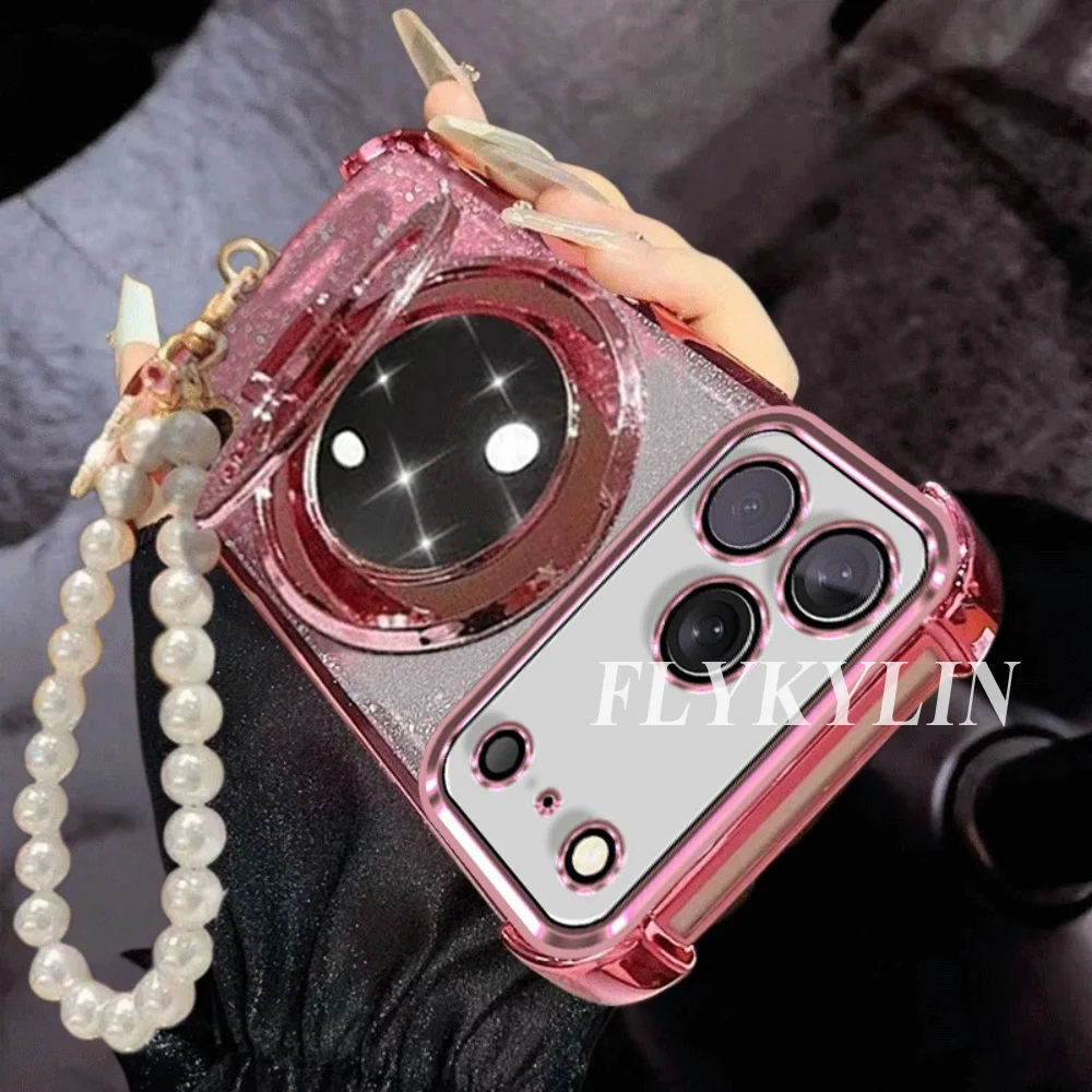 Enhanced Flashing Anti-Drop Phone Case with Makeup Mirror Holder and Pearl Chain