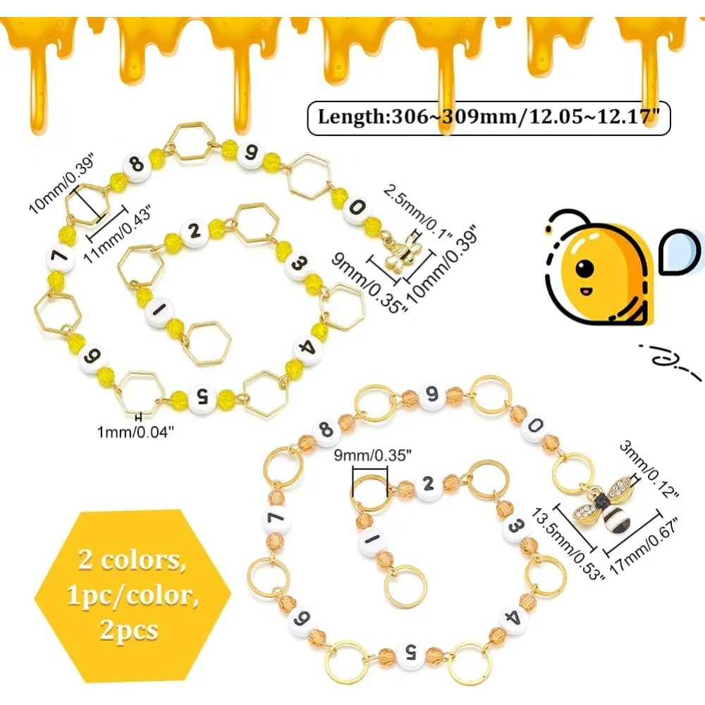 2 Pcs 2 Styles Bee Knitting Row Counter Chains Acrylic Number Stitch Markers Glass Beaded Crochet Stitch Marker Charms