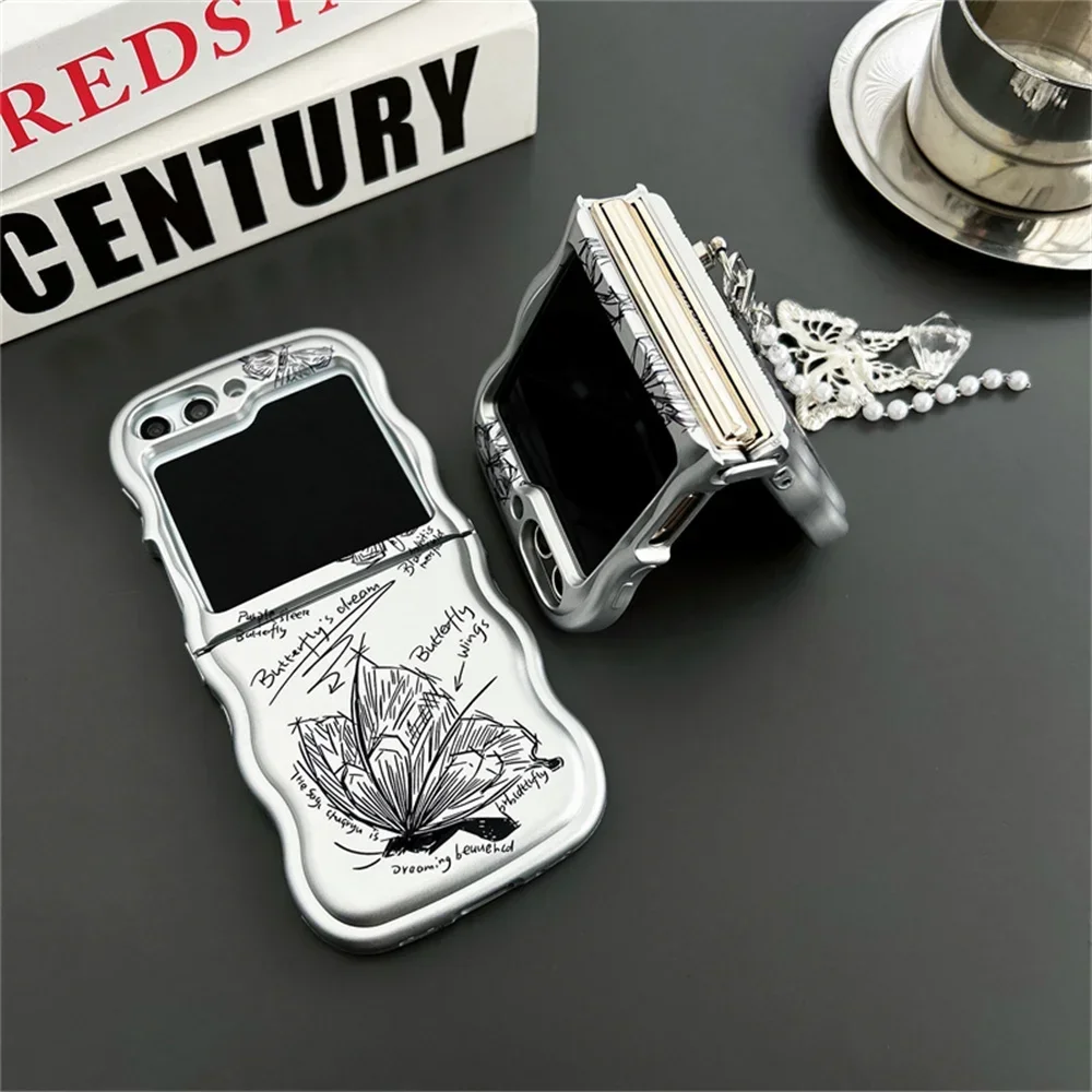 Fashion Butterfly Matte Silver Phone Case with Wave Border and Pendant Cover