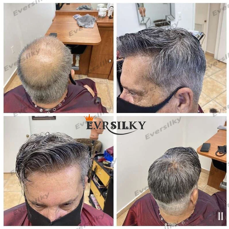 Human Hair Toupee Men Wig Natural Hairline #1B80 Gray Wave Full Skin 0.02mm