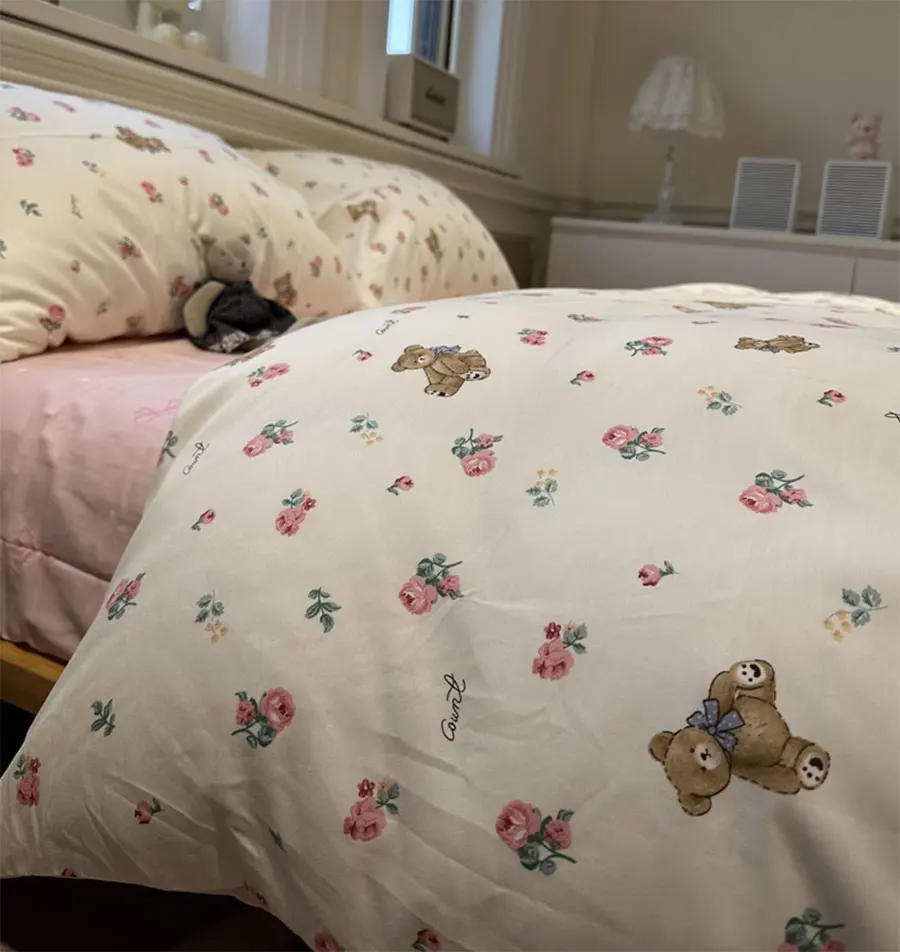 

Classic bear flower rose bedding set,twin full queen lovely cartoon pink cotton home textile bed sheet pillow case quilt cover