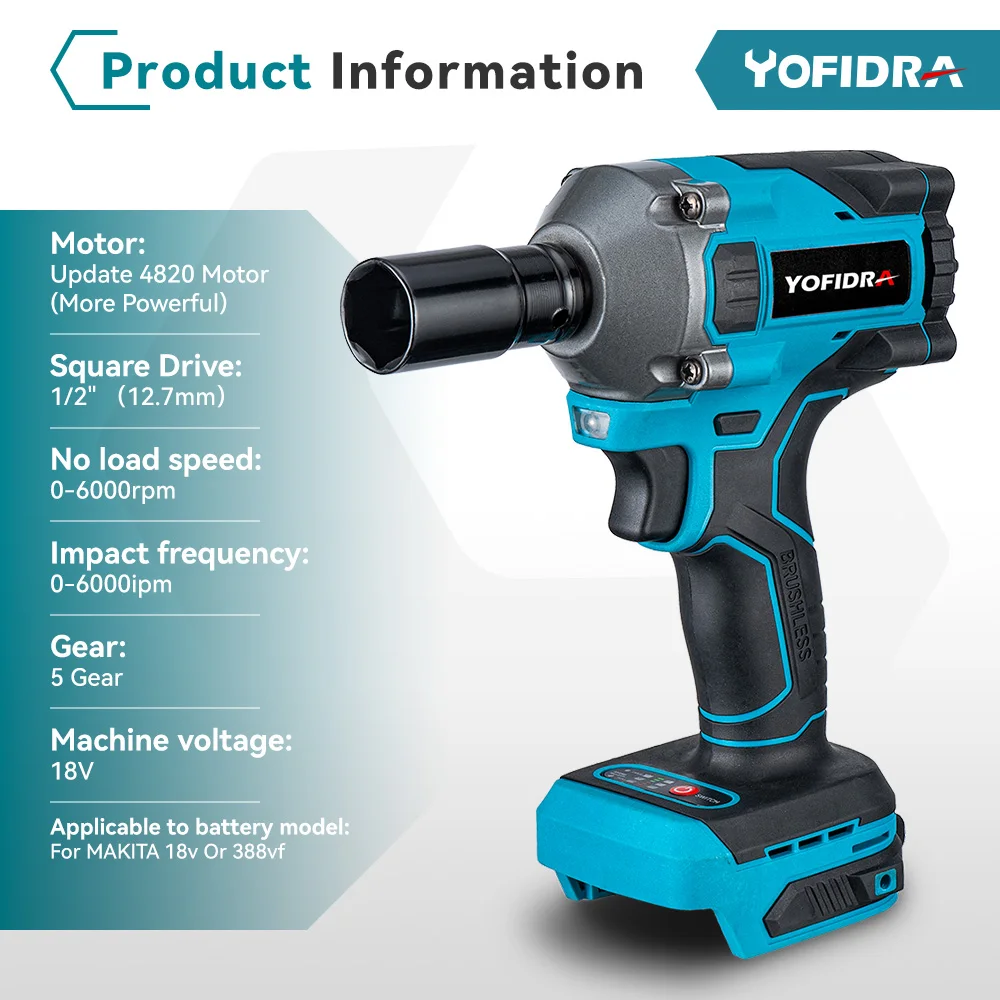 Yofidra 1000N.m 20V Brushless Electric Impact Wrench Cordless Wrench Socket 1/2 Inch Car Wheel Lugs For Makita 18V Battery