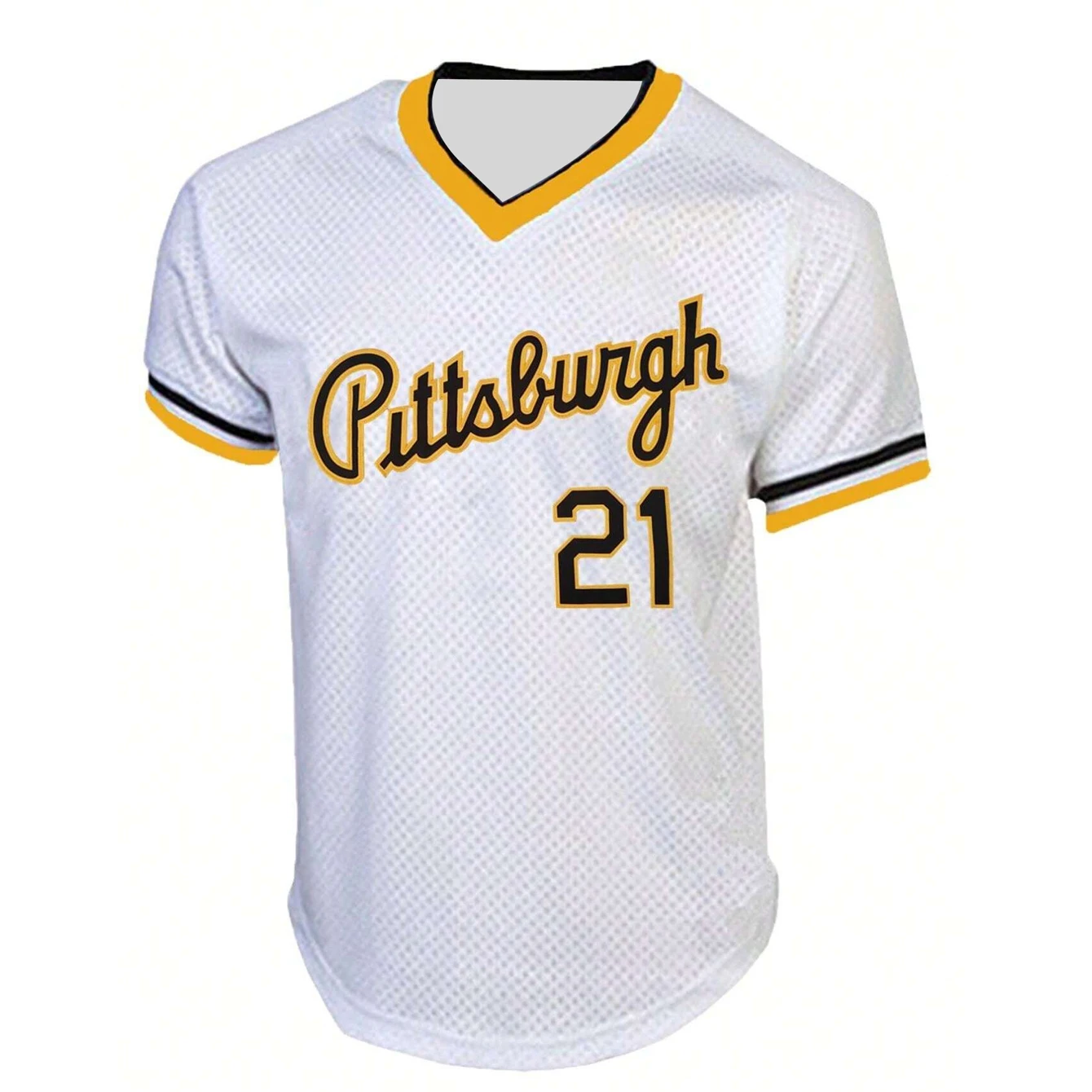 Boyfriend Style Men's No.21 White & Black Pittsburgh Letter Baseball Jersey Loose Breathable V-Neck Short Sleeve Pullover Top