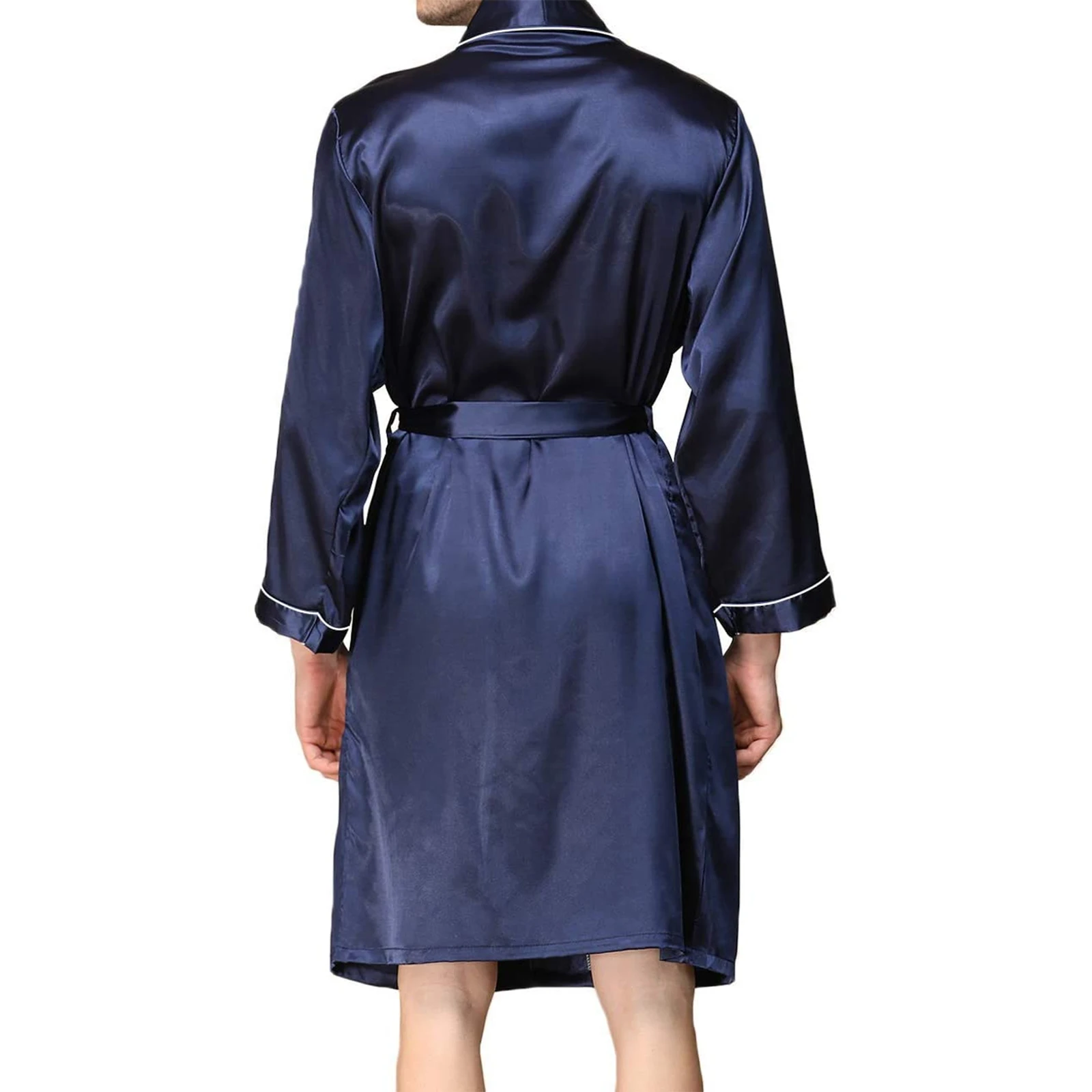 Men Satin Bathrobe with Belt Adults Contrast Color Long Sleeve V-neck Night Robe with Pockets S/M/L/XL satin couple robes