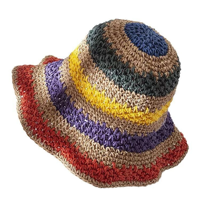 

Summer Striped Bucket Hat Colorful Beach Holiday Foldable Beige Curry Domed Hat Sun Shield Straw Weaving Shading Fisherman Hat