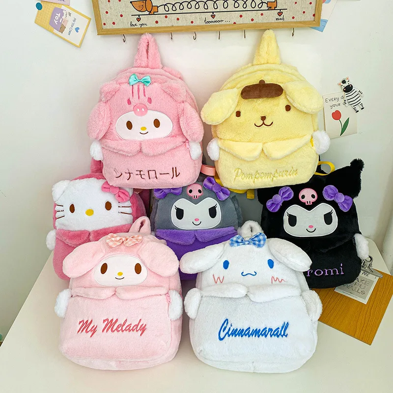Hello Kitty Children's Plush Backpack Cartoon Cute Melody Kulomi Cinnamoroll Schoolbag Girl Large Capacity Plush Zipper Backpack