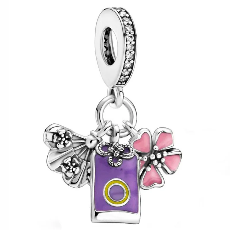 

New Pink Purple Sakura Omamori & Fan With Crystal Pendant Beads Fit 925 Sterling Silver Charm Europe Bracelet Diy Jewelry
